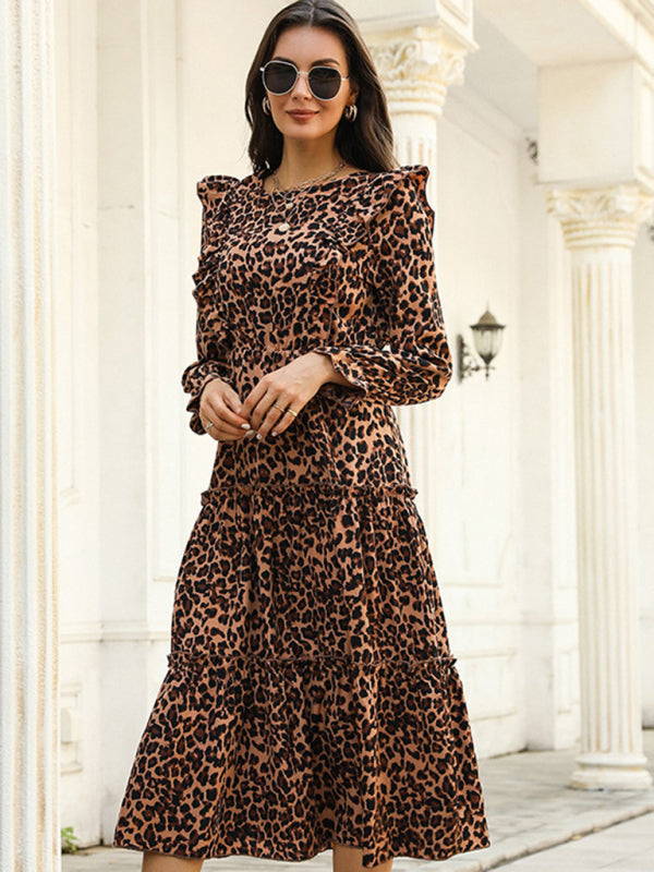 Leopard print ruffle long-sleeved mid-length dress