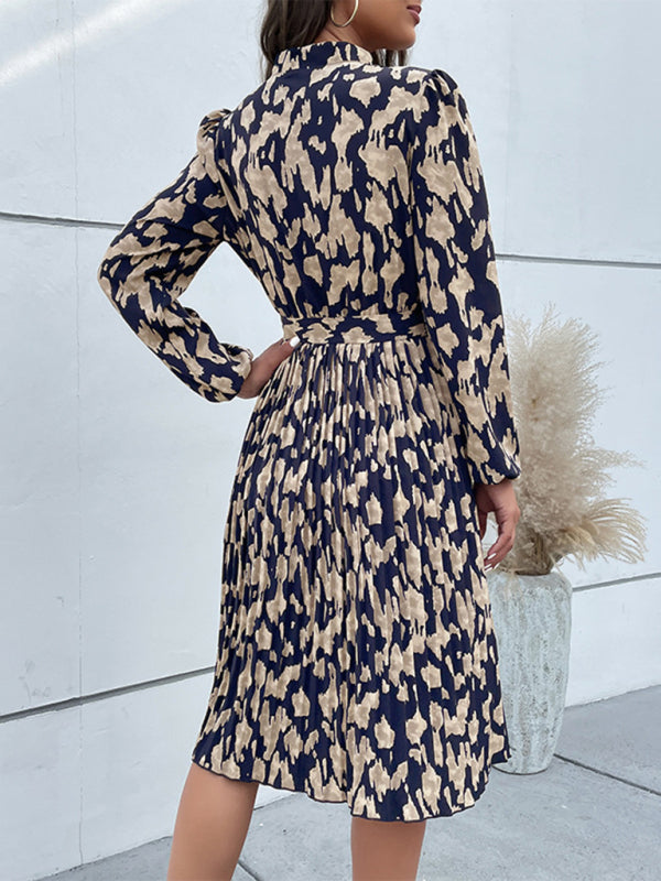 Leopard Print Hem Pleated Long Sleeve Dress
