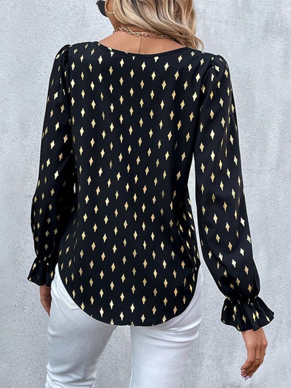 Women's polka dot black bronzing shirt with long sleeves