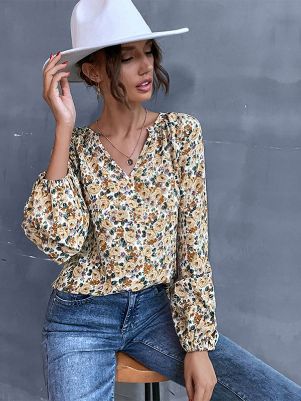 New holiday fashion women's loose v-neck long-sleeved floral shirt