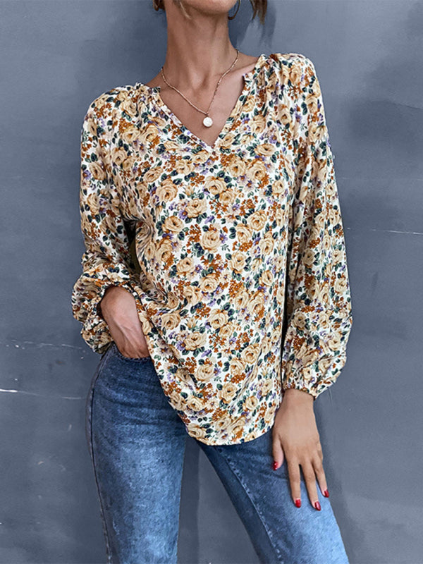 New holiday fashion women's loose v-neck long-sleeved floral shirt