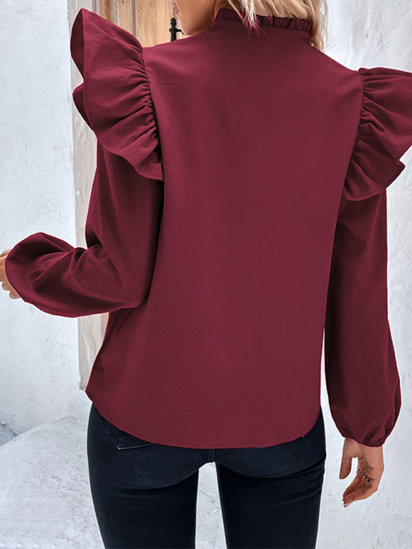 Women's New Red V-neck Long Sleeve Solid Color Shirt Top
