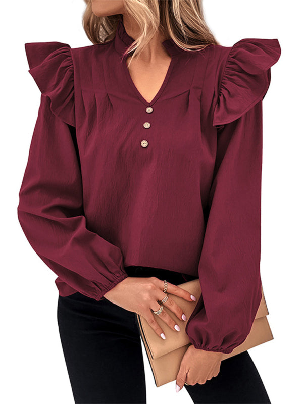 Women's New Red V-neck Long Sleeve Solid Color Shirt Top