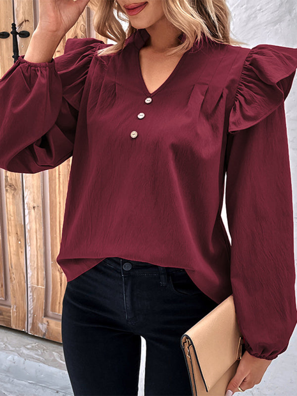 Women's New Red V-neck Long Sleeve Solid Color Shirt Top