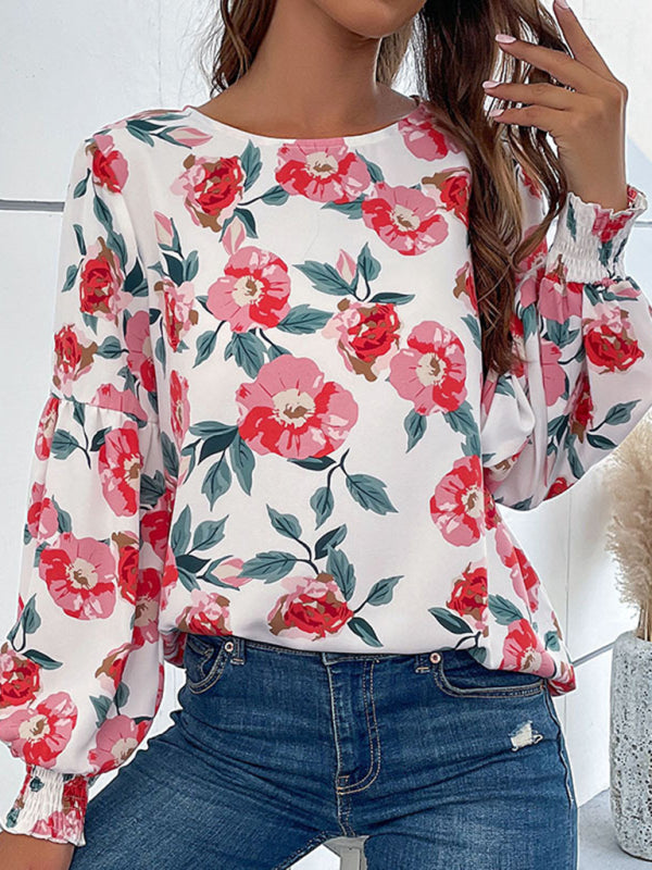 Women's New Round Neck Long Sleeve Floral Shirt Top