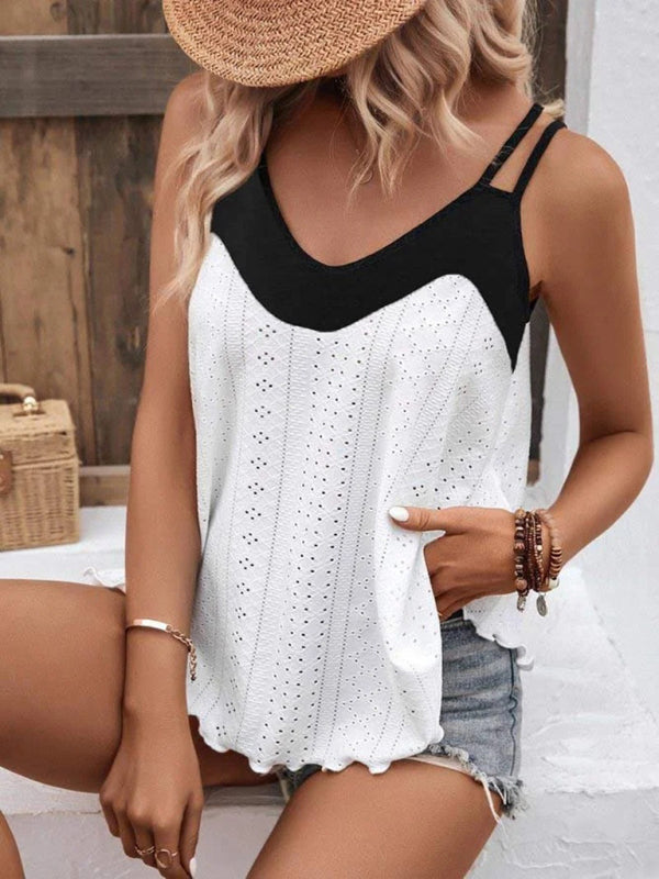 Double-shoulder camisole round neck jacquard color-block bottoming shirt