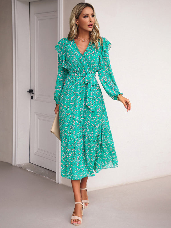 Women's Fashion Casual Floral V-neck Long Sleeve Dress