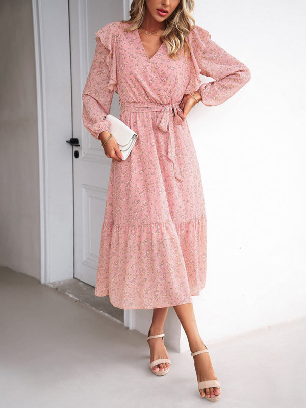 Women's Fashion Casual Floral V-neck Long Sleeve Dress