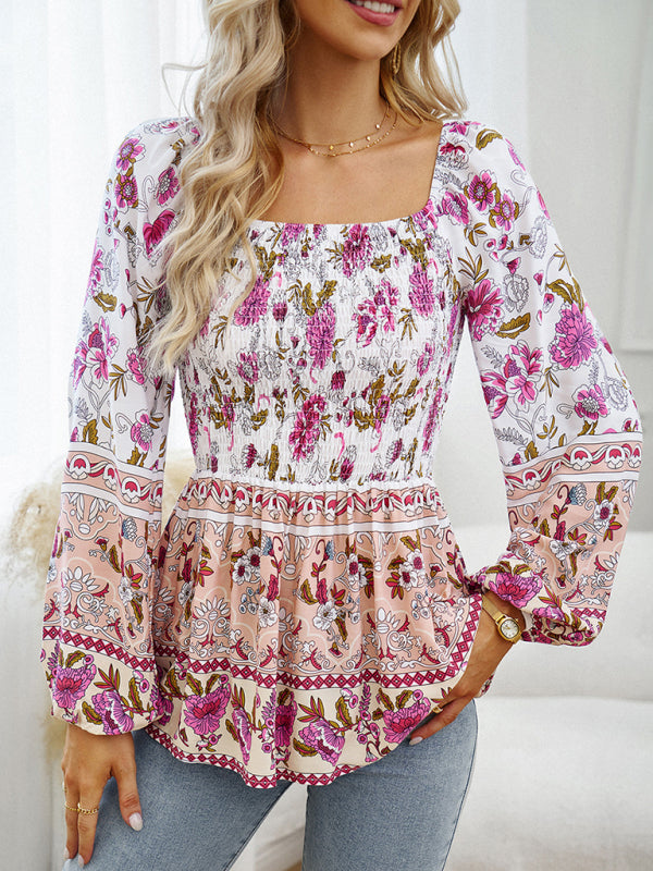 New Women's Floral Square Neck Long Sleeve Top