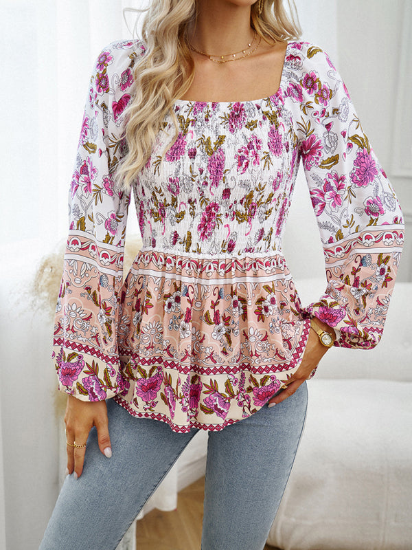 New Women's Floral Square Neck Long Sleeve Top
