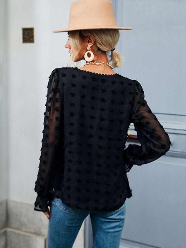 Women's Fashion Tops Thin Loose V-Neck Long Sleeve Black Shirt
