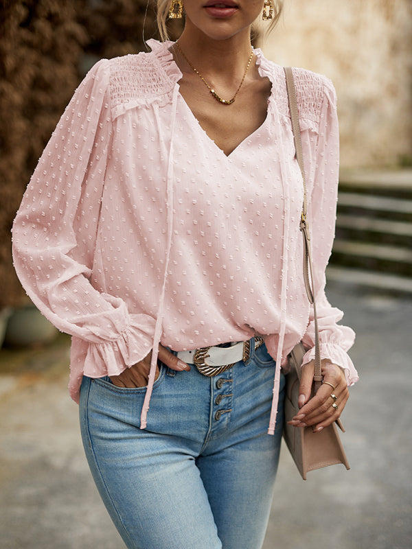 Temperament and elegant v-neck knotted long-sleeved top blouse