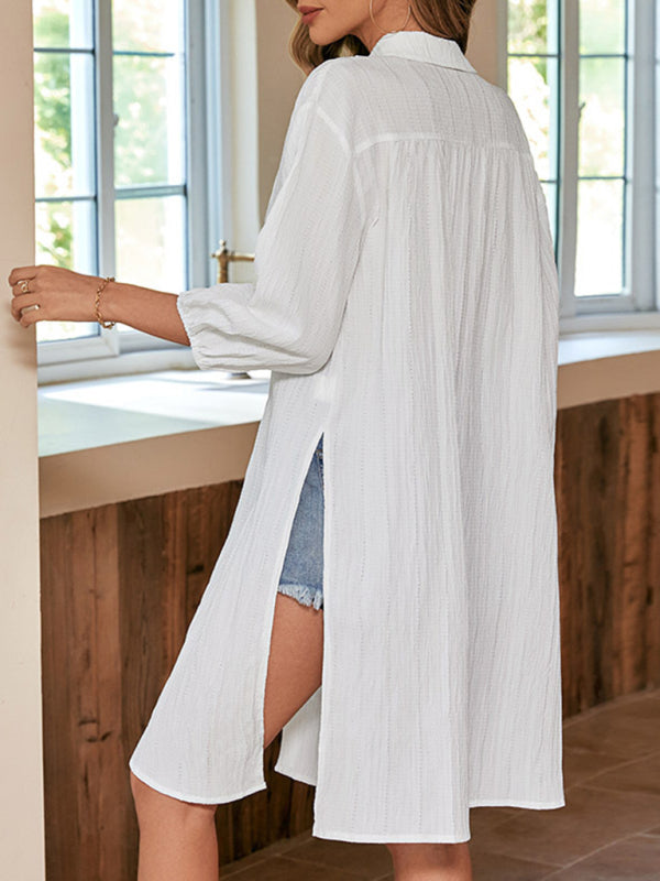 New women's white cardigan lapel slit long shirt
