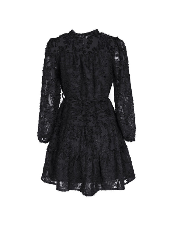 Women's new solid color three-dimensional jacquard long-sleeved round neck dress