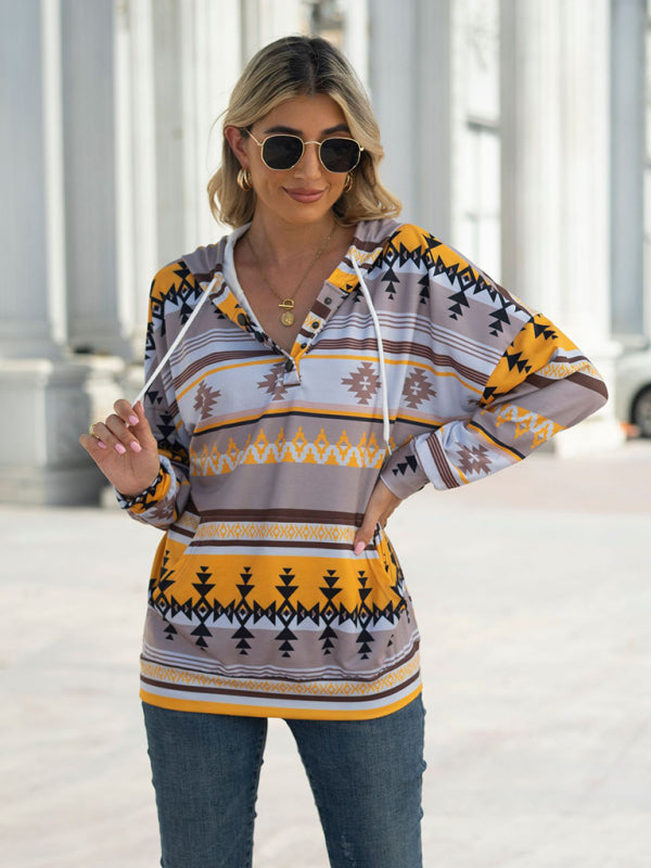 New geometric pattern long-sleeved loose hooded button pocket sweater