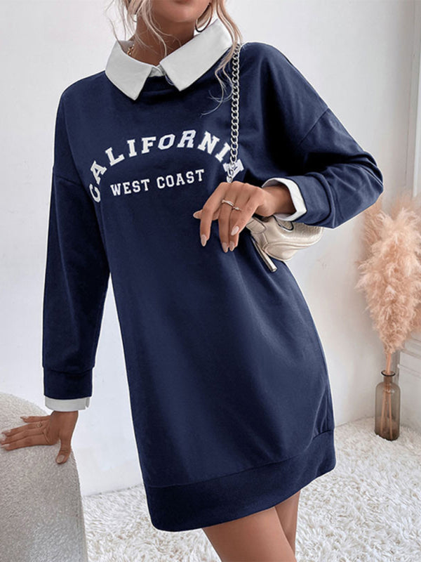Women's fashion long-sleeved lapel stitching sweater dress