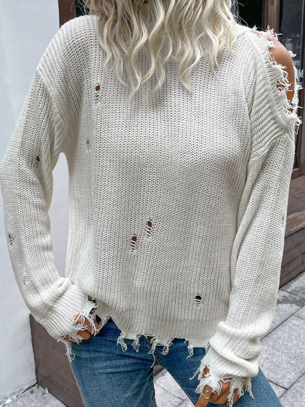 Shabby Long Sleeve Cutout White Turtleneck Sweater