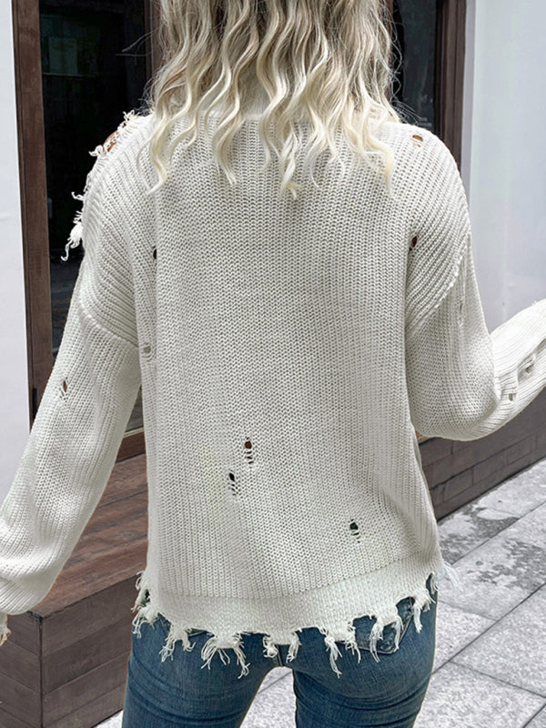 Shabby Long Sleeve Cutout White Turtleneck Sweater