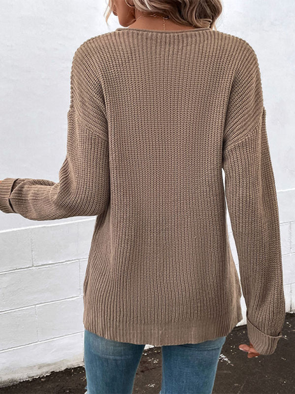 Long-sleeved solid color v-neck loose casual sweater