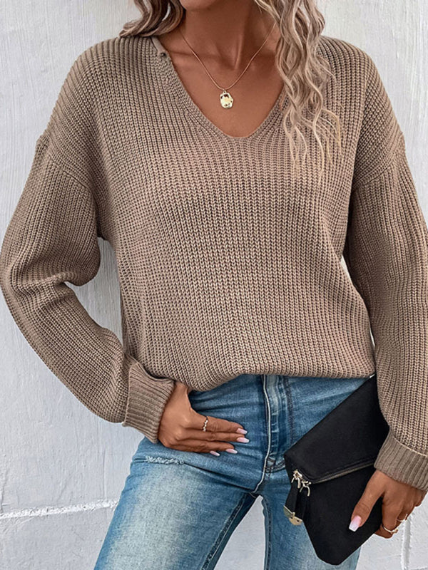 Long-sleeved solid color v-neck loose casual sweater