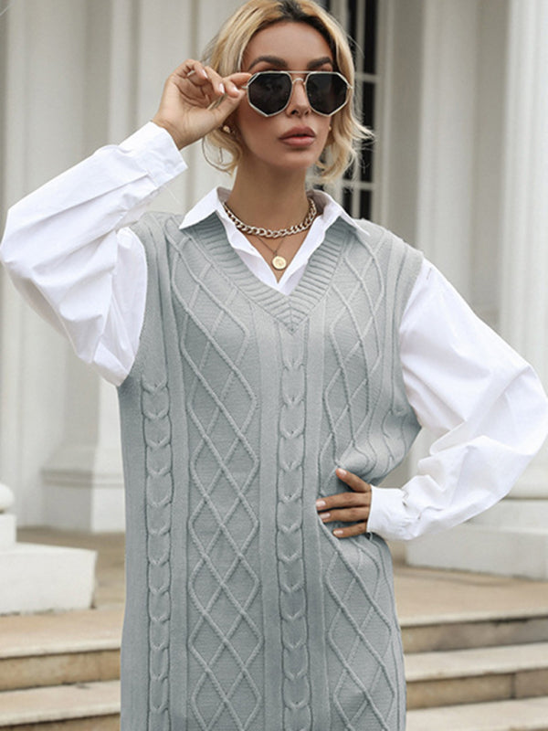 Women's Long Solid Color V-Neck Vest Vest Knitted Sweater Dress