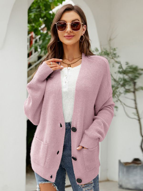 New loose solid color knitted cardigan with elegant V-neck sweater cardigan jacket