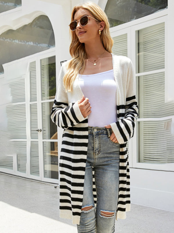 Long casual striped new loose long-sleeved coat sweater cardigan