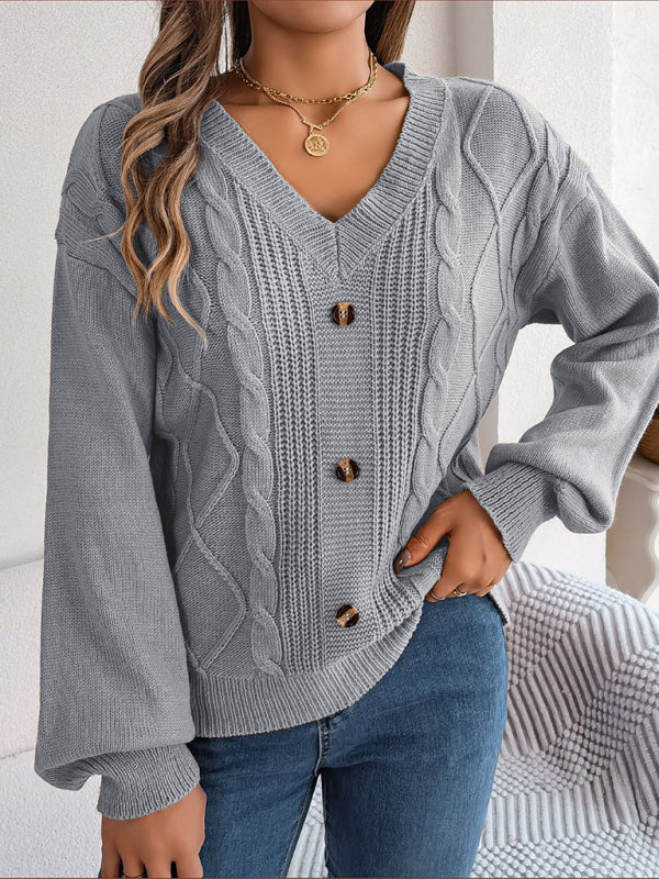 New autumn and winter solid color V-neck buttoned twist lantern sleeve pullover sweater