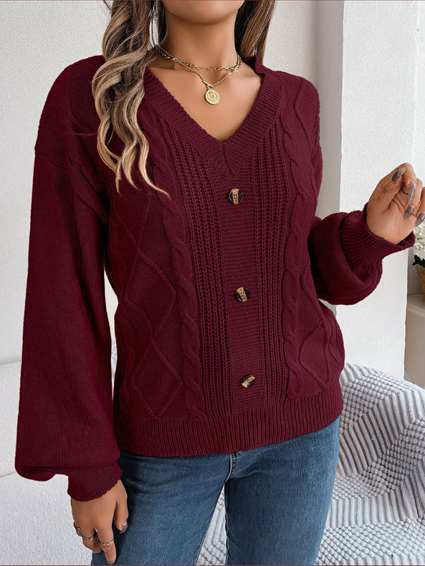New autumn and winter solid color V-neck buttoned twist lantern sleeve pullover sweater