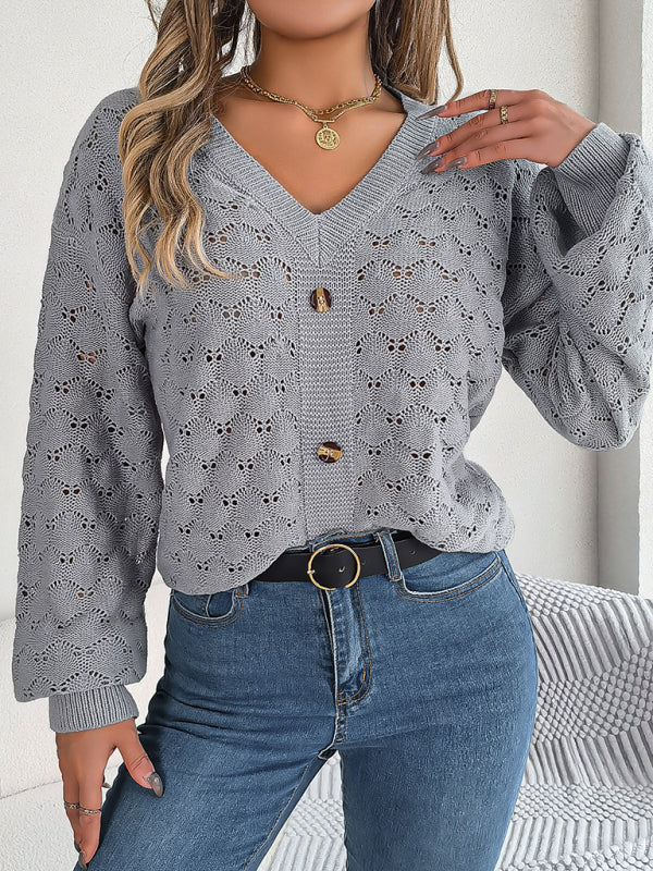 Casual V-neck buttoned hollow lantern sleeve pullover sweater