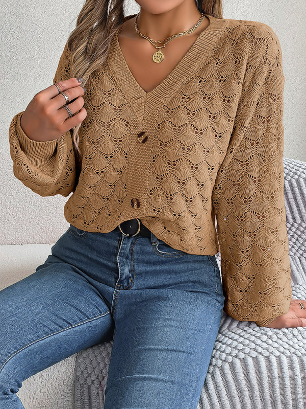 Casual V-neck buttoned hollow lantern sleeve pullover sweater