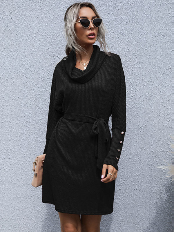 New pile collar solid color bottoming knitted sweater dress with long sleeves