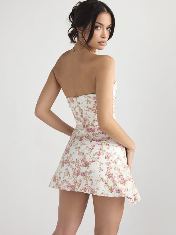 Women's Fashionable Tubeless Backless Skirt Hot Girl Fitted Floral French Dress