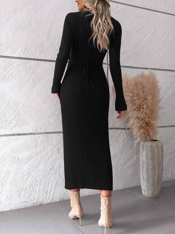 Women's new style elegant solid color v-neck long-sleeved sweater dress
