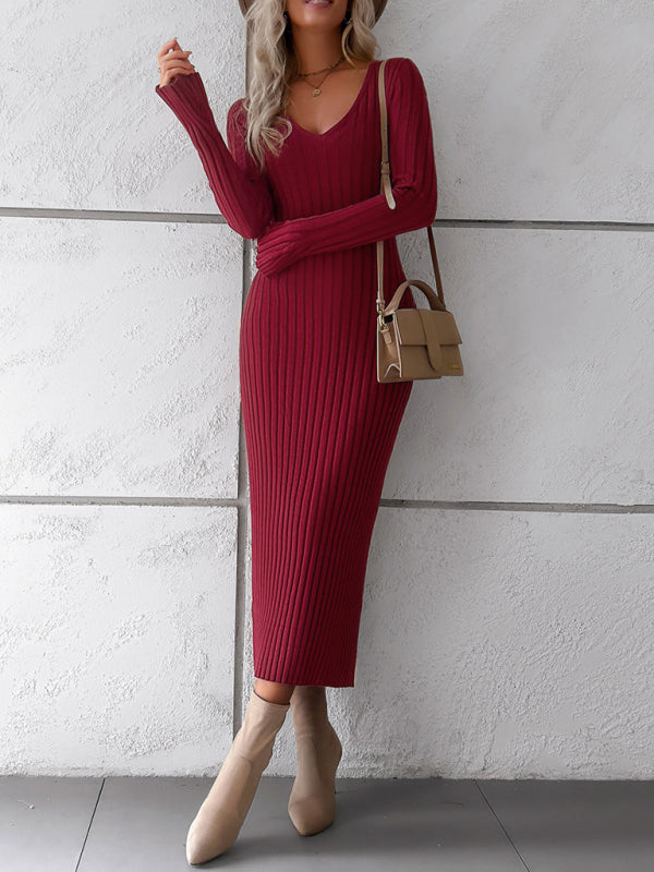 Women's new style elegant solid color v-neck long-sleeved sweater dress