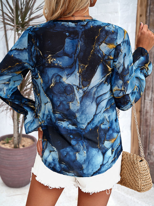New fashionable women's casual printed long-sleeved V-neck shirt