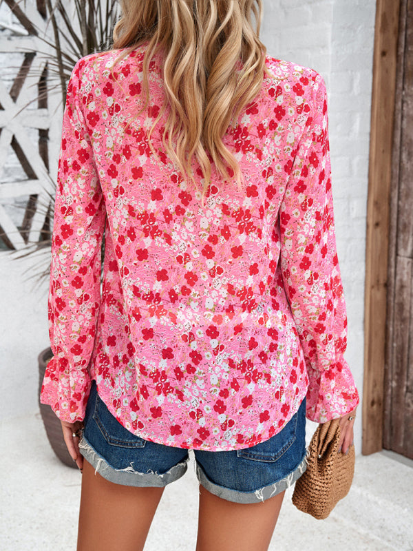 New fashionable women's casual printed long-sleeved V-neck shirt