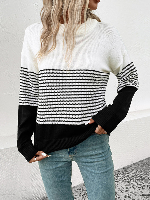New Women's Long Sleeve Striped Contrast Color Pullover Sweater