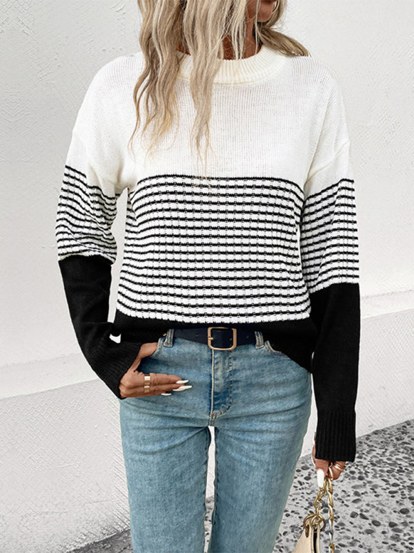 New Women's Long Sleeve Striped Contrast Color Pullover Sweater