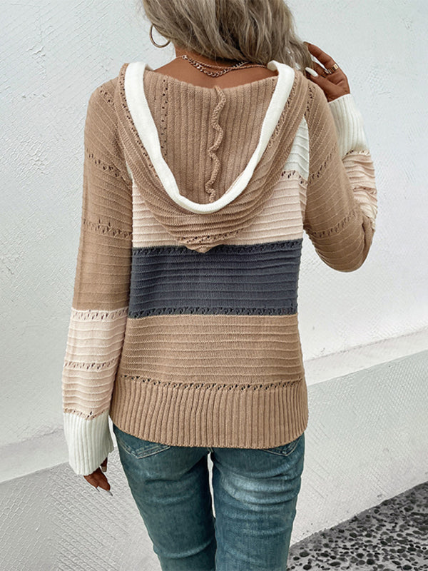 New women's hooded color block pullover sweater