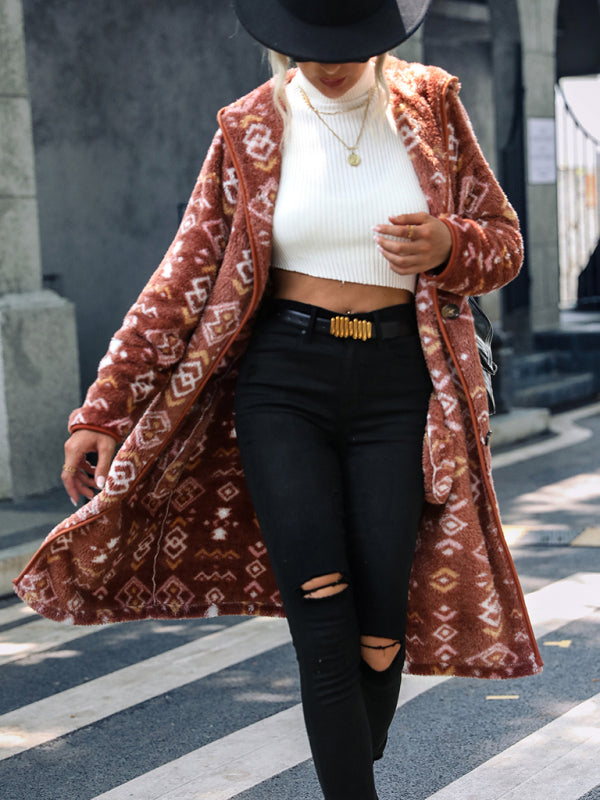 New women's hooded long-sleeved geometric print single-breasted extra-long regular plush jacket
