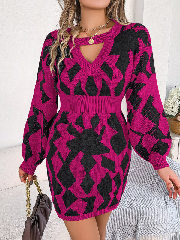 New casual color-blocked hollow lantern sleeve waisted sweater dress