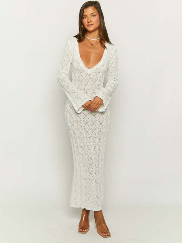 Temperamental low-cut sexy V-neck long-sleeved backless slim-fit hip-hugging knitted long dress
