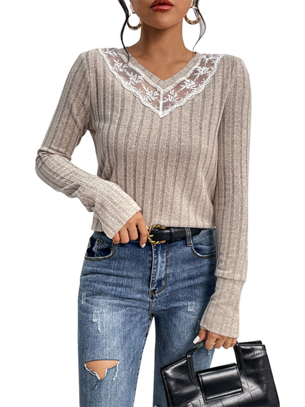 Women's new solid color long sleeve v-neck sweater