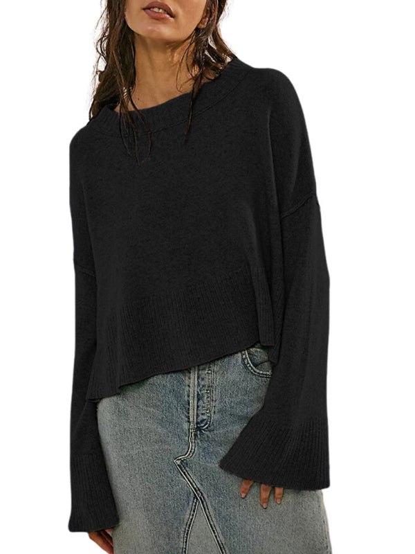 Women's New Solid Color Round Neck Bell Sleeve Pullover Simple Fashion Sweater