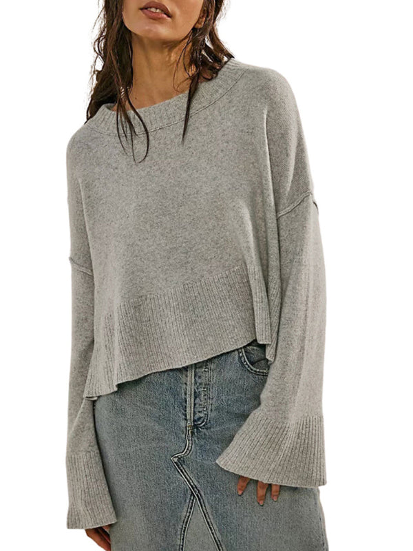Women's New Solid Color Round Neck Bell Sleeve Pullover Simple Fashion Sweater