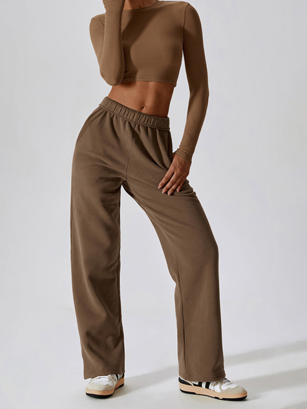 Women's waisted and velvet warm loose straight wide-leg pants outdoor casual sports pants