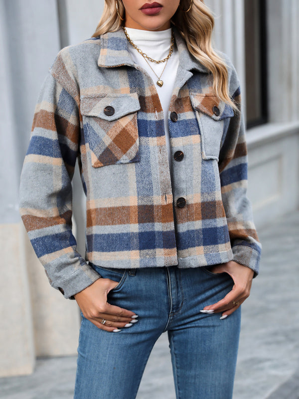 Women's short casual plaid button coat