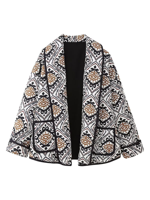 New loose, slim, fashionable and versatile French V-neck long-sleeved printed cotton jacket