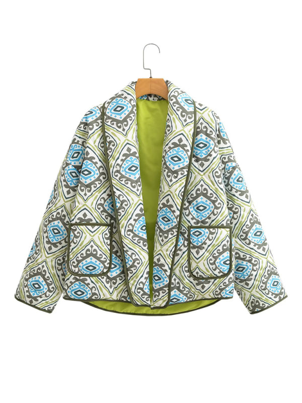 New loose, slim, fashionable and versatile French V-neck long-sleeved printed cotton jacket